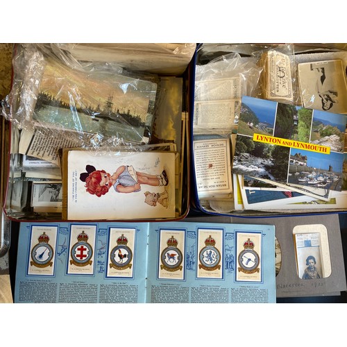 683 - TWO TINS OF VARIOUS CIGARETTE CARDS, SWAPS, AND PICTURE POSTCARDS, TOPOGRAPHICAL AND OTHERS