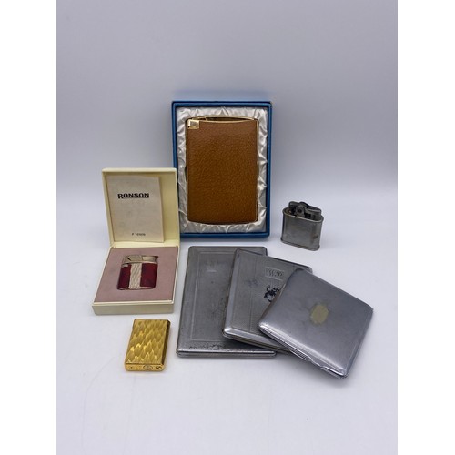 747 - BOXED COMBINATION CIGARETTE CASE LIGHTER AND CHROMIUM ENGINE TURNED CIGARETTE CASES AND TWO RONSON C... 