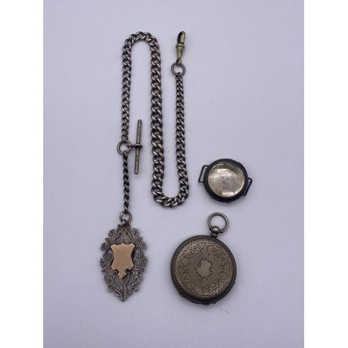 748 - SILVER LINKED ALBERT CHAIN WITH SHIELD FOB AND T BAR 42CM APPROX, FINE SILVER CASED LEVER PART WATCH... 