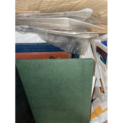 673 - LARGE BOX CONTAINING BAGS OF FRANKED WORLD STAMPS, AN ARRAY OF STAMP ALBUMS AND PICTORIAL PICTURE ST... 