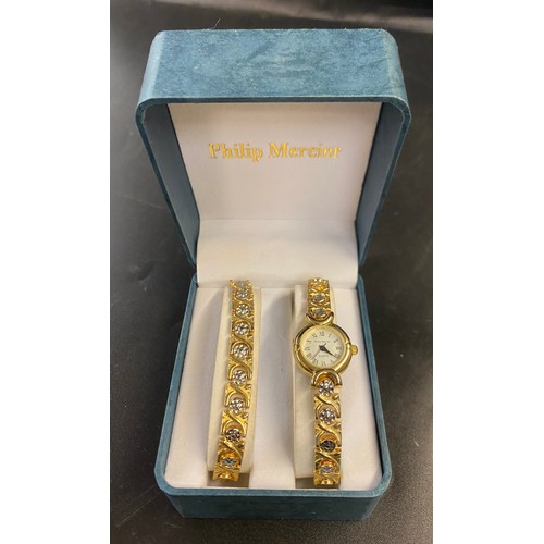 761 - BOXED PHILLIP MERCIER LADIES GOLD PLATED WRISTWATCH AND MATCHING BRACELET SET