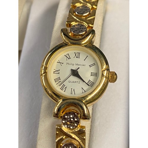 761 - BOXED PHILLIP MERCIER LADIES GOLD PLATED WRISTWATCH AND MATCHING BRACELET SET