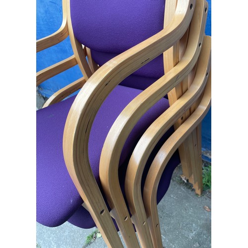 49 - BEECH LAMINATE CURVED ARM PURPLE STACKING CHAIRS