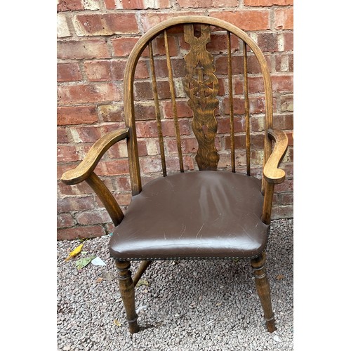 171 - BEECH WHEEL BACK COUNTRY ELBOW CHAIR WITH UPHOLSTERED STUDDED SEAT