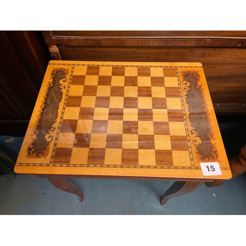 15 - SORRENTO CHEQUER BOARD TOP MUSICAL NEEDLE WORK TABLE