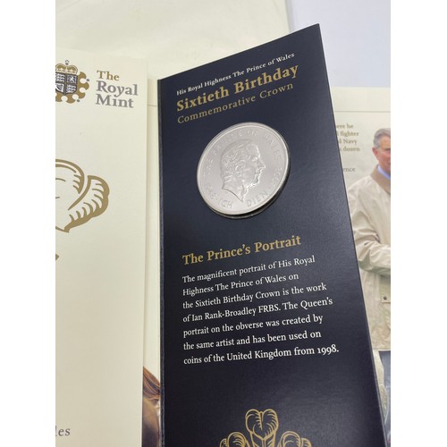 423 - ROYAL MINT HIS ROYAL HIGHNESS THE PRINCE OF WALES 60TH BIRTHDAY COMMEMORATIVE CROWN X 2, AND A ROYAL... 