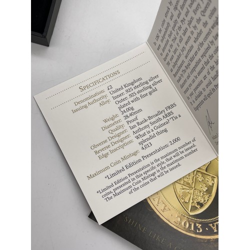 448 - ROYAL MINT 350TH ANNIVERSARY OF THE GUNINEA 2013 UK £2 SILVER PROOF PIEDFORT COIN