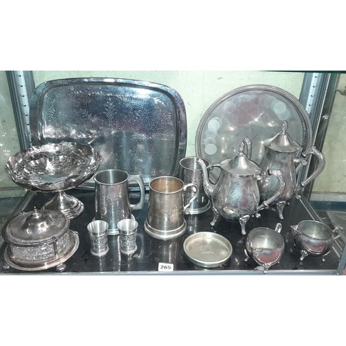 265 - SELECTION OF PEWTER AND METALWARE TANKARDS, FOUR PIECE TEA/COFFEE SERVICE, PLATED BUTTER DISH AND CO... 