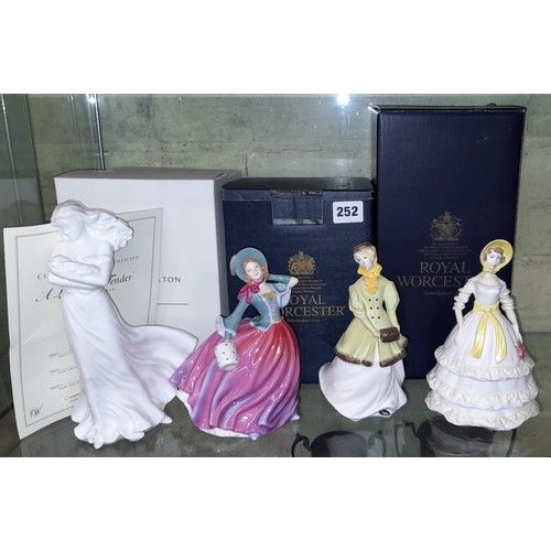 252 - BOXED ROYAL WORCESTER PORCELAIN FIGURES, CRINOLINE AND WINTER WALTZ, ROYAL DOULTON AUTUMN BREEZE, AN... 