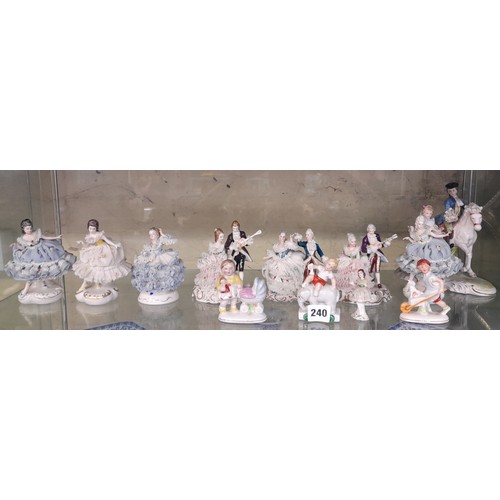 240 - SELECTION OF DRESDEN AND OTHER GERMAN PORCELAIN CRINOLINE AND LADY AND GENTLEMEN FIGURE GROUPS