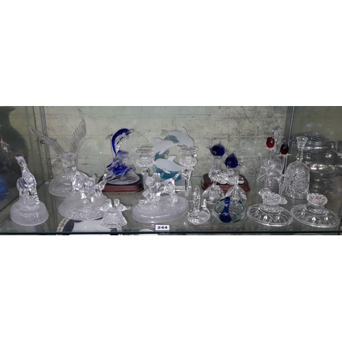 244 - SHELF OF PRESSED DECORATIVE GLASS ANIMAL FIGURE GROUPS, SWANS, BELLS