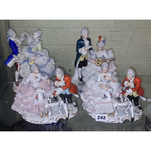 242 - FOUR DRESDEN 18TH CENTURY STYLE MUSICAL AND PAST TIME FIGURE GROUPS