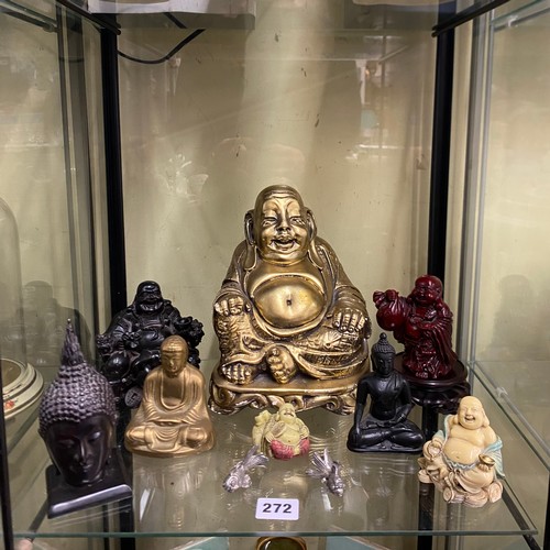 272 - RESIN METALWARE AND GILDED CHALK ORIENTAL MONK AND BHUDDAH FIGURES