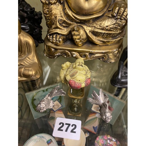 272 - RESIN METALWARE AND GILDED CHALK ORIENTAL MONK AND BHUDDAH FIGURES