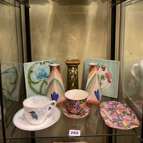282 - ROYAL DOULTON KING FISHER TEACUP AND SAUCER, CHINTZ BREAKFAST CUP AND SAUCER, PAIR OF ART NOUVEAU TI... 