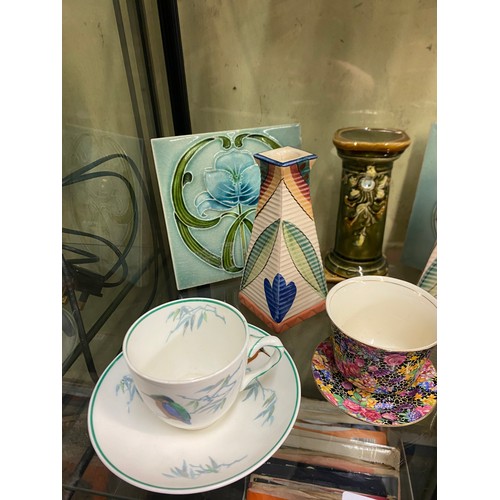282 - ROYAL DOULTON KING FISHER TEACUP AND SAUCER, CHINTZ BREAKFAST CUP AND SAUCER, PAIR OF ART NOUVEAU TI... 