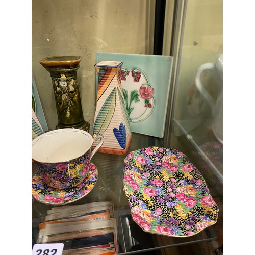 282 - ROYAL DOULTON KING FISHER TEACUP AND SAUCER, CHINTZ BREAKFAST CUP AND SAUCER, PAIR OF ART NOUVEAU TI... 