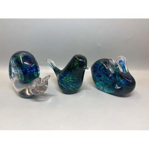 292 - MDINA GLASS TURTLE PAPER WEIGHT, BULB VASES, AND COLOURED GLASS ANIMAL FIGURES