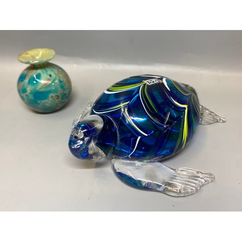 292 - MDINA GLASS TURTLE PAPER WEIGHT, BULB VASES, AND COLOURED GLASS ANIMAL FIGURES