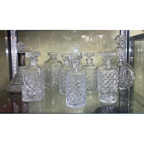 263 - FIVE GLASS CYLINDRICAL DECANTERS WITH STOPPERS, SHIPS DECANTER AND SQUARE SECTION DECANTERS