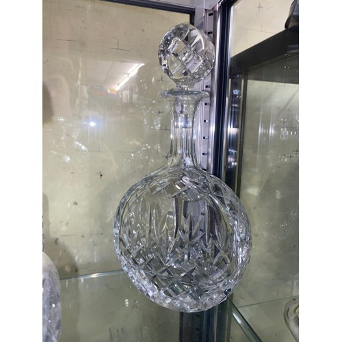 263 - FIVE GLASS CYLINDRICAL DECANTERS WITH STOPPERS, SHIPS DECANTER AND SQUARE SECTION DECANTERS