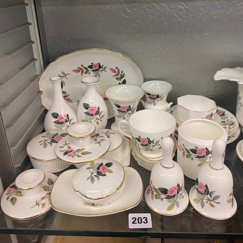 203 - WEDGWOOD BONE CHINA HATHAWAY ROSE PATTERN BELLS, CAMPANA VASES, TRINKET BOXES, TEACUP TRIO