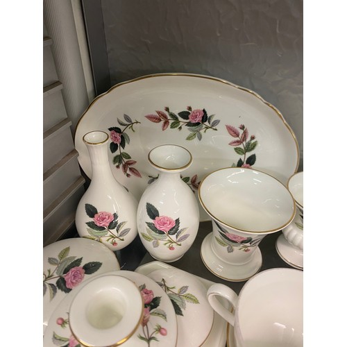 203 - WEDGWOOD BONE CHINA HATHAWAY ROSE PATTERN BELLS, CAMPANA VASES, TRINKET BOXES, TEACUP TRIO