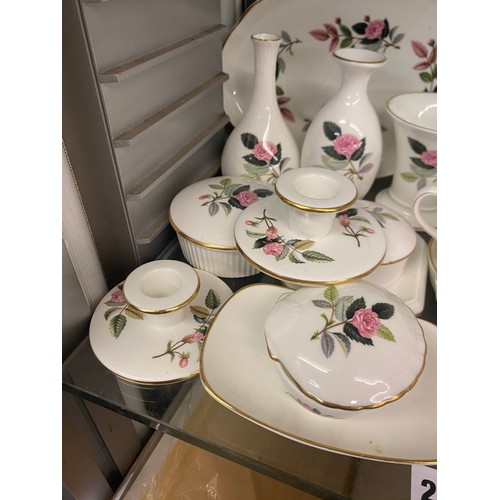 203 - WEDGWOOD BONE CHINA HATHAWAY ROSE PATTERN BELLS, CAMPANA VASES, TRINKET BOXES, TEACUP TRIO
