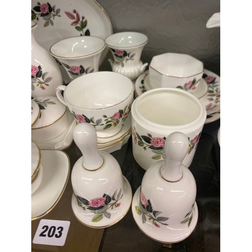 203 - WEDGWOOD BONE CHINA HATHAWAY ROSE PATTERN BELLS, CAMPANA VASES, TRINKET BOXES, TEACUP TRIO