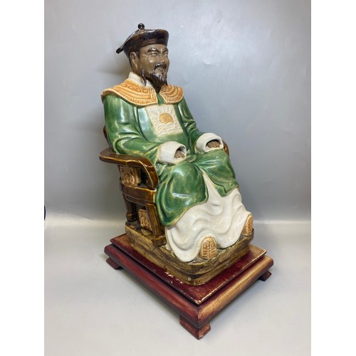 216 - CHINESE EARTHERNWARE SEATED EMPEROR FIGURE ON HARDWOOD STAND