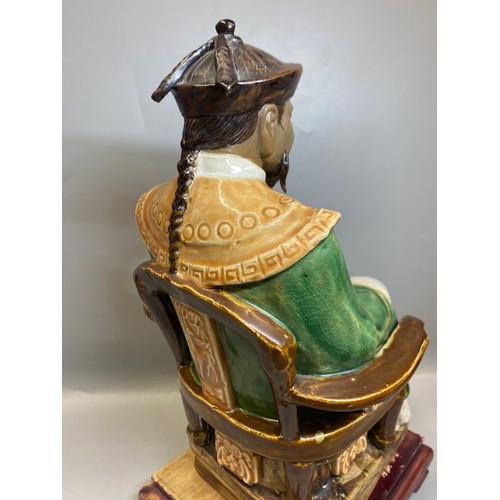 216 - CHINESE EARTHERNWARE SEATED EMPEROR FIGURE ON HARDWOOD STAND