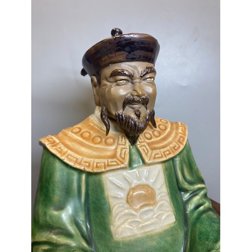 216 - CHINESE EARTHERNWARE SEATED EMPEROR FIGURE ON HARDWOOD STAND