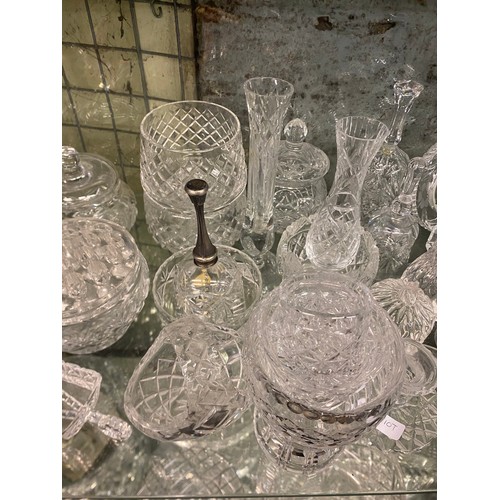 236 - SHELF OF VARIOUS CUT GLASSWARES INCLUDING DECORATIVE BELLS, POWDER BOWLS, ATOMISERS