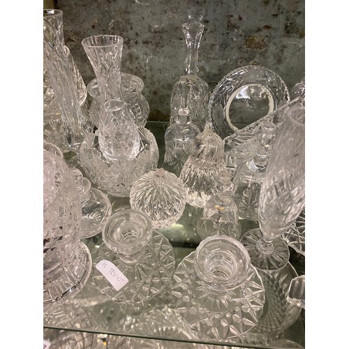 236 - SHELF OF VARIOUS CUT GLASSWARES INCLUDING DECORATIVE BELLS, POWDER BOWLS, ATOMISERS