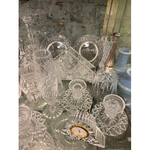 236 - SHELF OF VARIOUS CUT GLASSWARES INCLUDING DECORATIVE BELLS, POWDER BOWLS, ATOMISERS