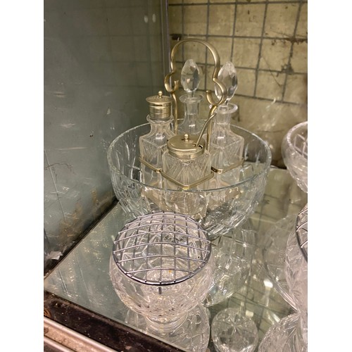 237 - BOTTOM SHELF OF CUT GLASS ROSE BOWLS, ETCHED FRUIT BOWLS, FOUR PIECE CRUET SET