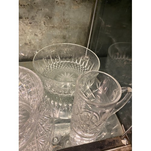 237 - BOTTOM SHELF OF CUT GLASS ROSE BOWLS, ETCHED FRUIT BOWLS, FOUR PIECE CRUET SET