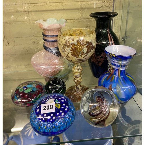239 - GREEN AVENTURINE BALUSTER VASE, GLASS MOTTLED GOBLET, PAPER WEIGHTS, AND VASE