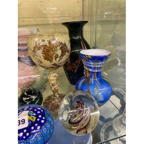 239 - GREEN AVENTURINE BALUSTER VASE, GLASS MOTTLED GOBLET, PAPER WEIGHTS, AND VASE