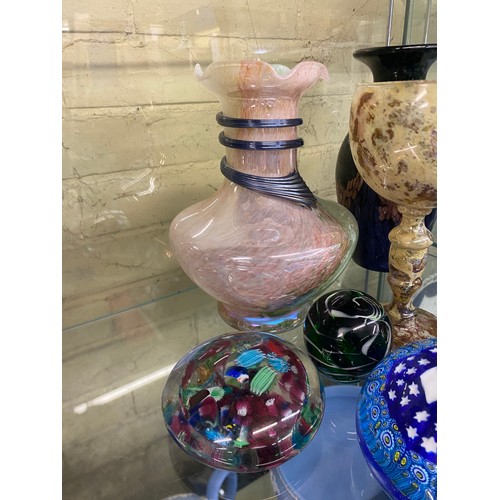 239 - GREEN AVENTURINE BALUSTER VASE, GLASS MOTTLED GOBLET, PAPER WEIGHTS, AND VASE