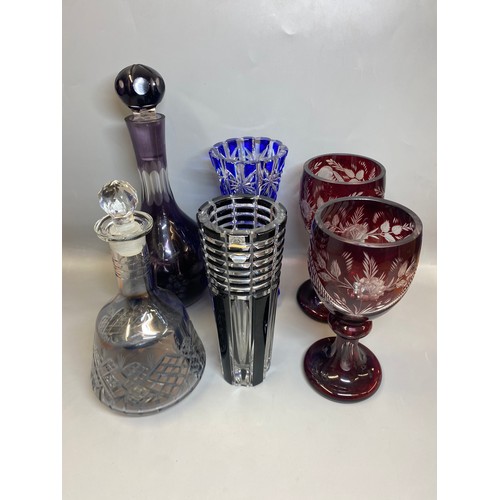 238 - PAIR OF BOHEMIAN RUBY ETCHED GOBLETS, AMETHYST GLOBE AND SHAFT DECANTER, BLUE FLASHED TAPERED VASE, ... 