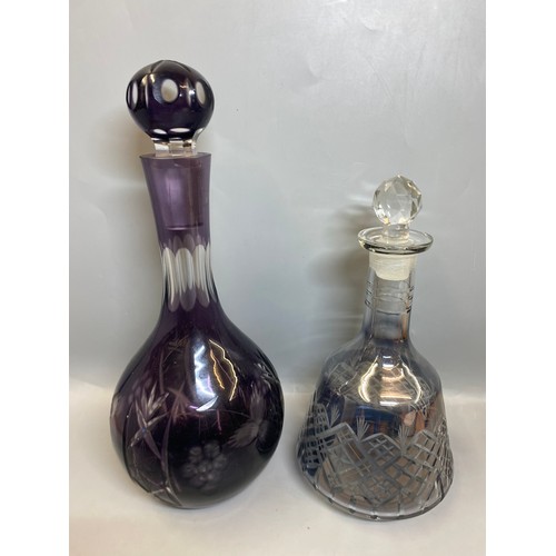 238 - PAIR OF BOHEMIAN RUBY ETCHED GOBLETS, AMETHYST GLOBE AND SHAFT DECANTER, BLUE FLASHED TAPERED VASE, ... 