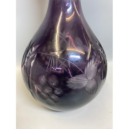 238 - PAIR OF BOHEMIAN RUBY ETCHED GOBLETS, AMETHYST GLOBE AND SHAFT DECANTER, BLUE FLASHED TAPERED VASE, ... 