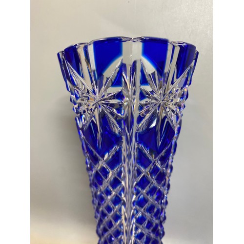 238 - PAIR OF BOHEMIAN RUBY ETCHED GOBLETS, AMETHYST GLOBE AND SHAFT DECANTER, BLUE FLASHED TAPERED VASE, ... 