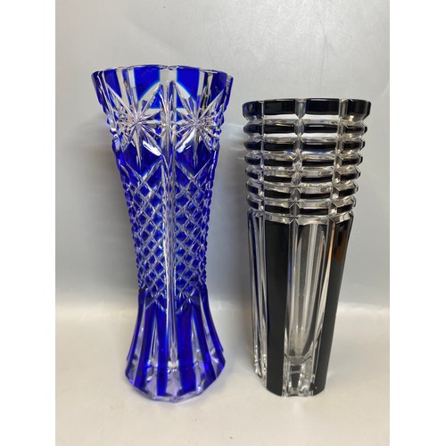 238 - PAIR OF BOHEMIAN RUBY ETCHED GOBLETS, AMETHYST GLOBE AND SHAFT DECANTER, BLUE FLASHED TAPERED VASE, ... 