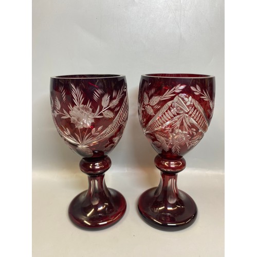 238 - PAIR OF BOHEMIAN RUBY ETCHED GOBLETS, AMETHYST GLOBE AND SHAFT DECANTER, BLUE FLASHED TAPERED VASE, ... 
