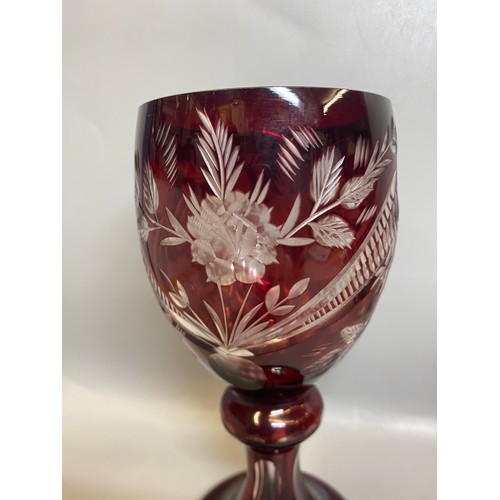 238 - PAIR OF BOHEMIAN RUBY ETCHED GOBLETS, AMETHYST GLOBE AND SHAFT DECANTER, BLUE FLASHED TAPERED VASE, ... 