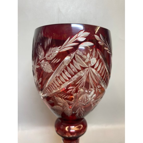 238 - PAIR OF BOHEMIAN RUBY ETCHED GOBLETS, AMETHYST GLOBE AND SHAFT DECANTER, BLUE FLASHED TAPERED VASE, ... 
