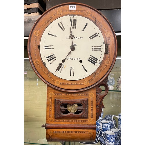 249 - 19TH CENTURY WALNUT TUNBRIDGE WARE BANDED TAVERN WALL CLOCK BY KAY AND CO WORCESTER