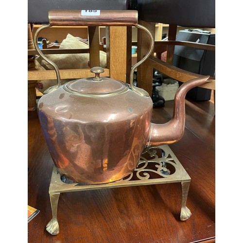 185 - VICTORIAN COPPER KETTLE ON BRASS TRIVET